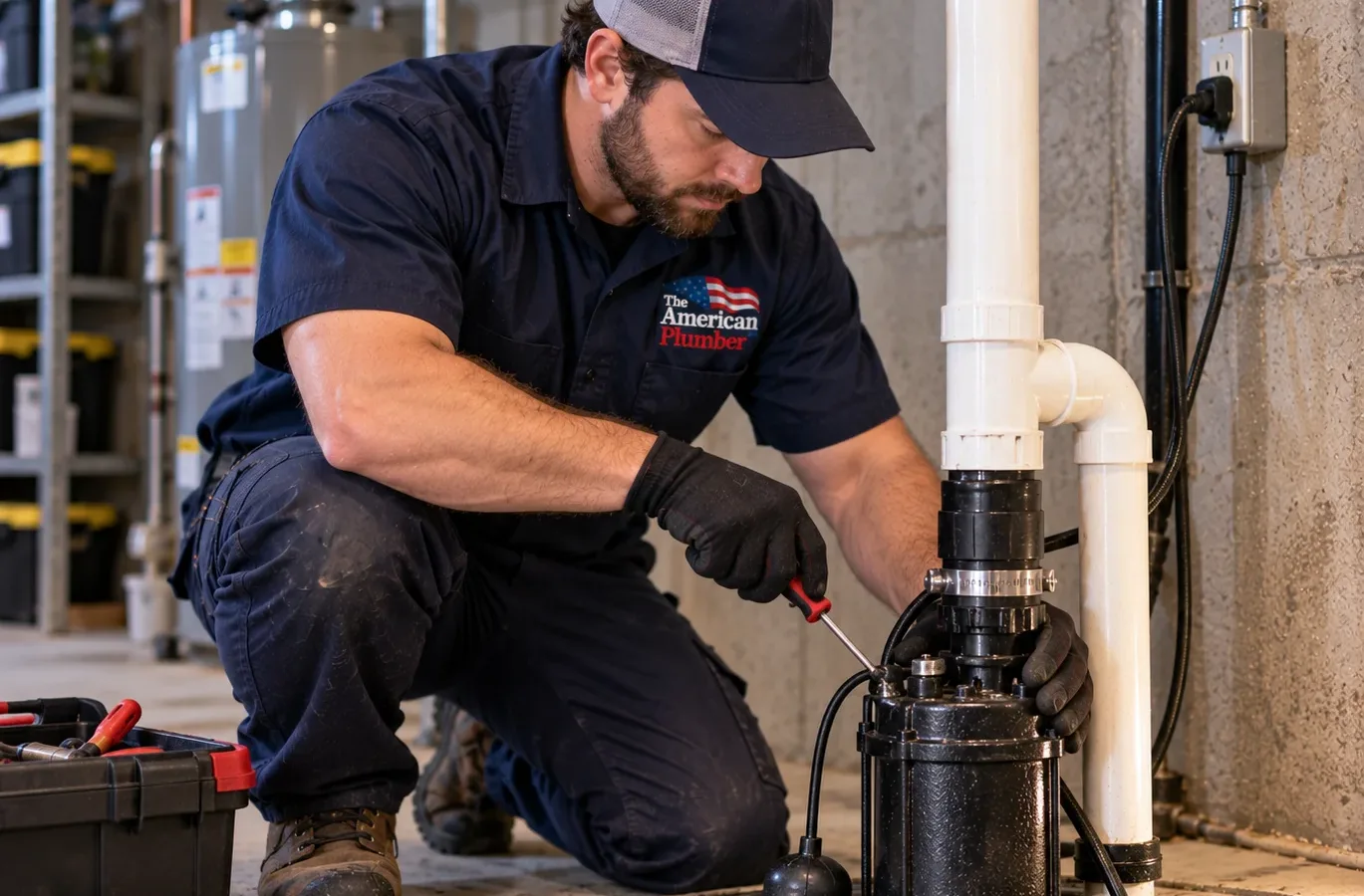 Plumber performing a sump pump maintenance check at an open pit in a Milwaukee basement